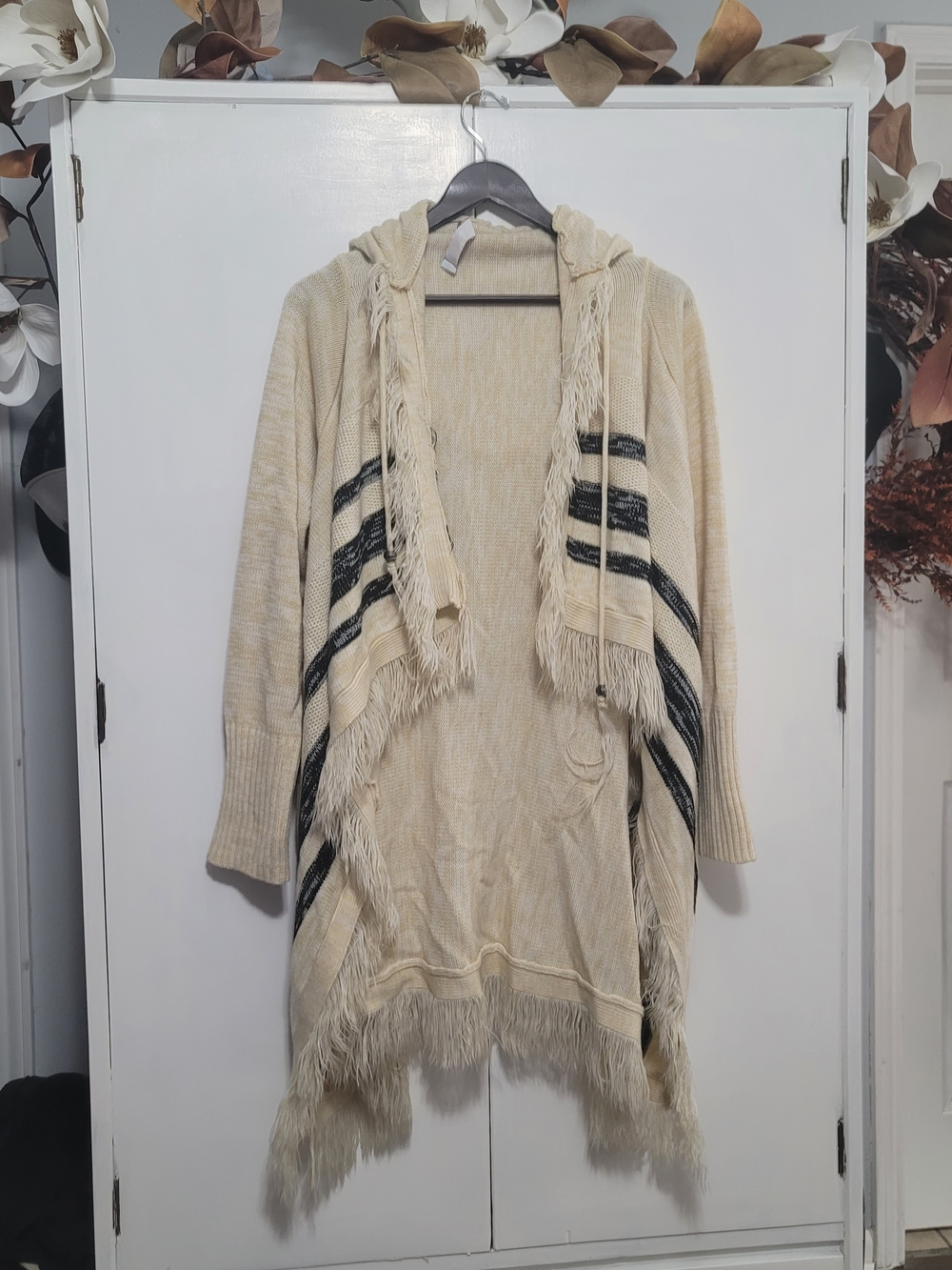 Fringed Hooded Open-Front Cardigan in Cream with Black Stripe